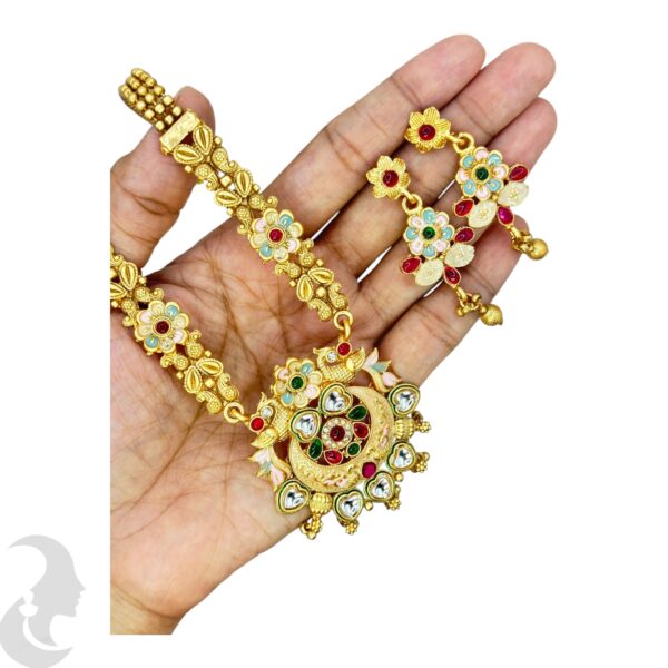 Long Non Idol Gold Chain- Kundan, Red & Green Color Stones-Hanging Earrings, Product Code: V-2219 - Image 2