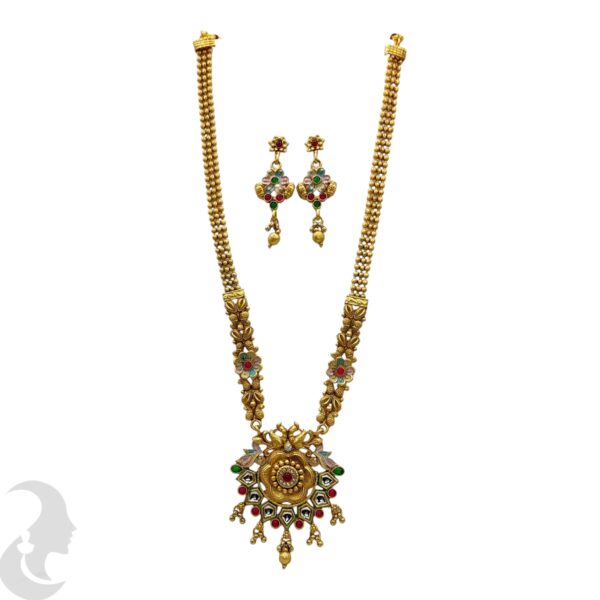 Long Non Idol Gold Chain- Kundan, Red & Green Color Stones-Hanging Earrings, Product Code: V-2220