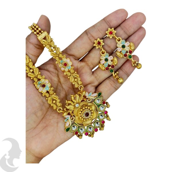 Long Non Idol Gold Chain- Kundan, Red & Green Color Stones-Hanging Earrings, Product Code: V-2220 - Image 2