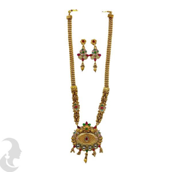 Long Non Idol Gold Chain- Kundan, Red & Green Color Stones-Hanging Earrings, Product Code: V-2221