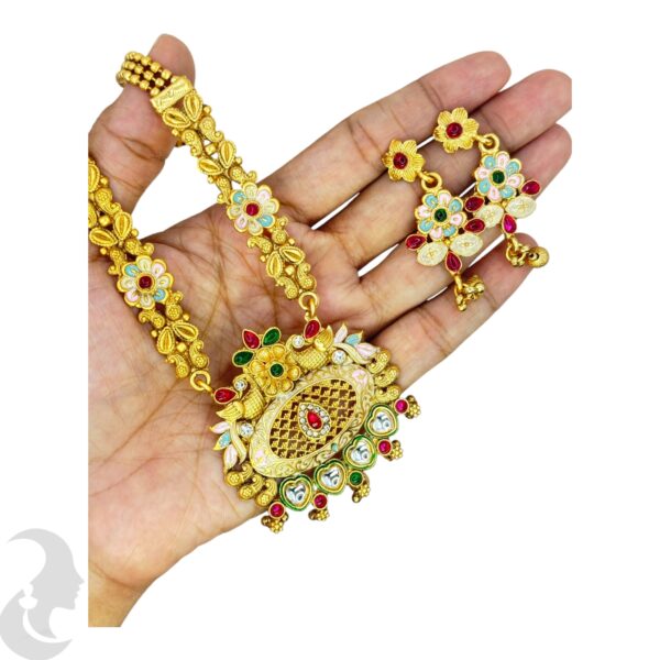 Long Non Idol Gold Chain- Kundan, Red & Green Color Stones-Hanging Earrings, Product Code: V-2221 - Image 2