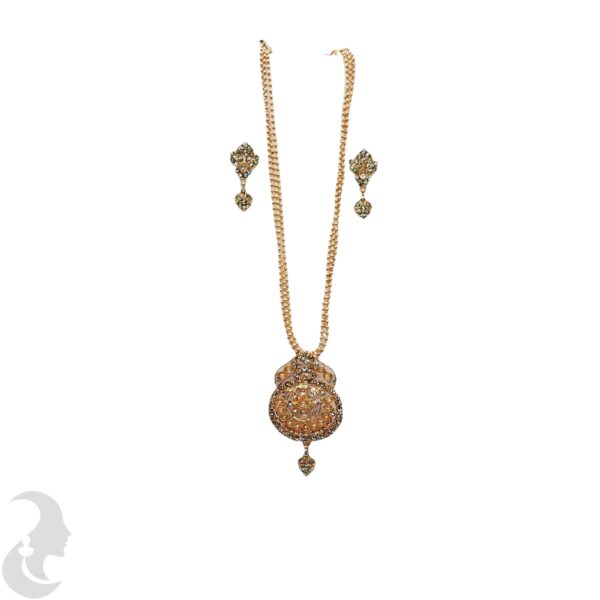 Rose Gold Three Layer Beads Necklace- Flower Pendant - White Color Stone- Studs, Product Code: V-1097