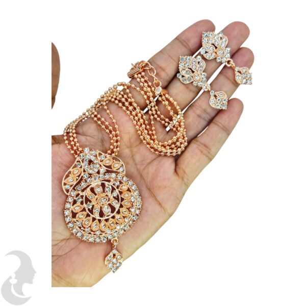 Rose Gold Three Layer Beads Necklace- Flower Pendant - White Color Stone- Studs, Product Code: V-1097 - Image 2