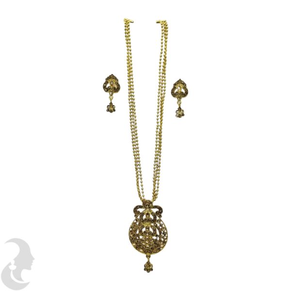 Gold Three Layer Beads Necklace- Flower Pendant - White Color Stone- Studs, Product Code: V-1098