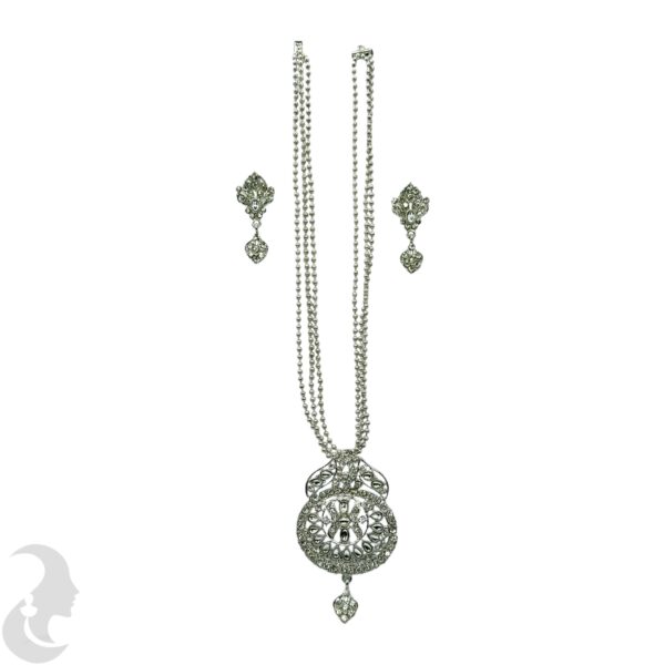 Silver Three Layer Beads Necklace- Flower Pendant - White Color Stone- Studs, Product Code: V-1099