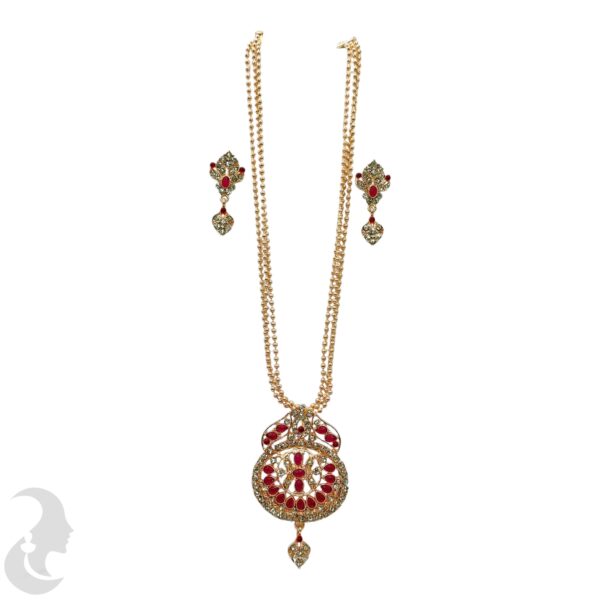 Rose Gold Three Layer Beads Necklace- Flower Pendant - Ruby Color Stone- Studs, Product Code: V-1100