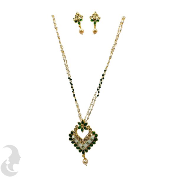 Two Layer Necklace - Flower Pendant- Green Color Stone- Studs, Product Code: V-1102