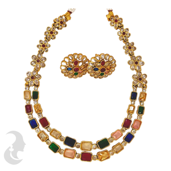 Gold Necklace - Multi Stones-Studs, Product Code: V-1014