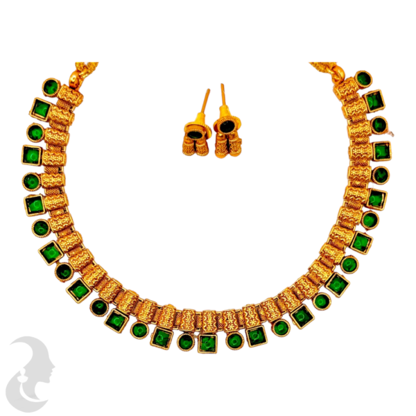 Short Necklace- Green Color Stones- Studs, Product Code: V-1107