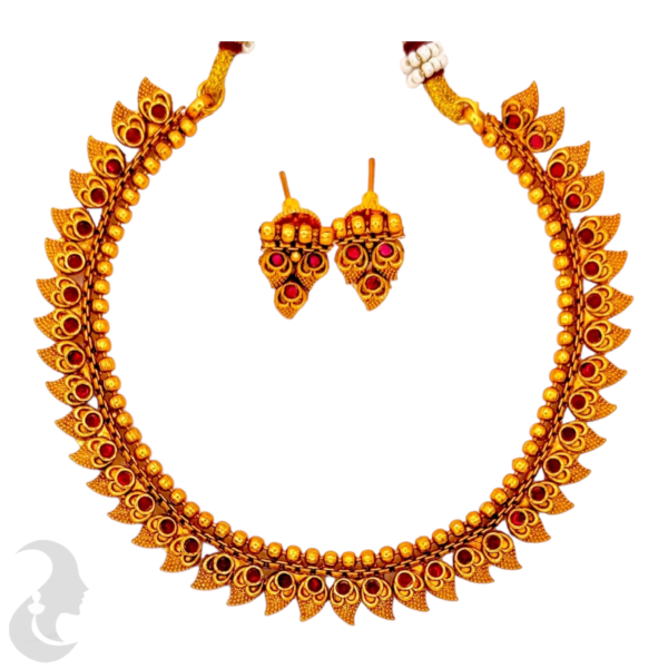 Short Necklace- Mango Design- Ruby Color Stones- Studs, Product Code: V-1109