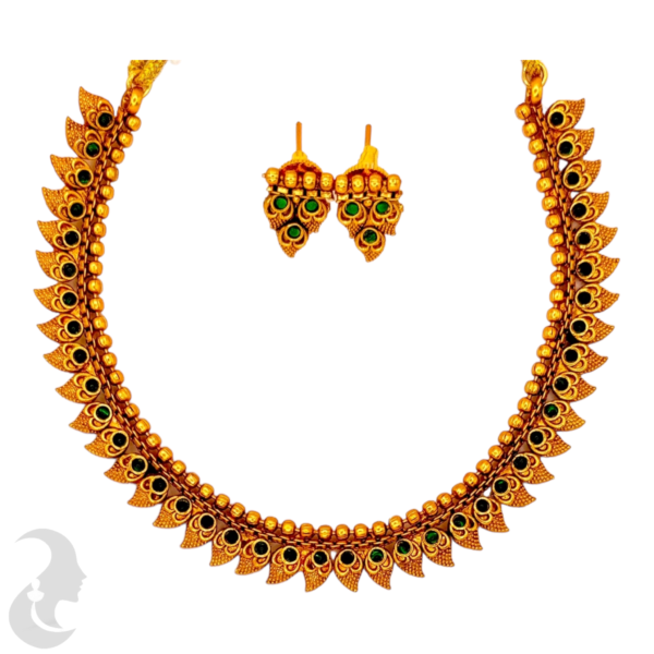 Short Necklace- Mango Design- Green Color Stones- Studs, Product Code: V-1110