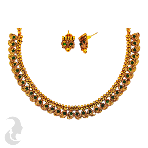 Short Necklace- Mango Design- Green Color Stones- Mango Design Studs, Product Code: V-1114