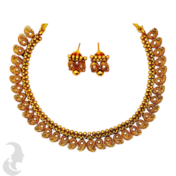 Short Necklace- Mango Design- White Stones- Mango Design Studs, Product Code: V-1115