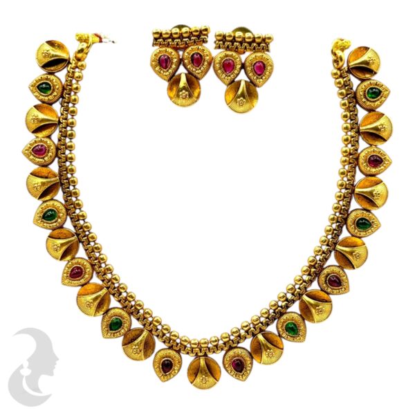 Short Necklace- Green Color & Ruby Color Stones- Studs, Product Code: V-1116