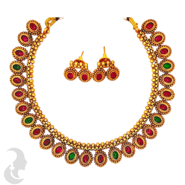 Short Necklace- Green Color & Ruby Color Stones- Studs, Product Code: V-1118