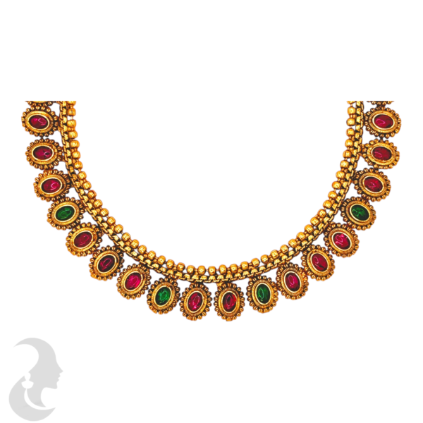 Short Necklace- Green Color & Ruby Color Stones- Studs, Product Code: V-1118 - Image 2