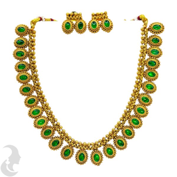 Short Necklace- Green Color Stones- Studs, Product Code: V-1119