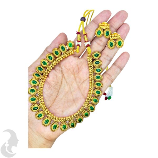 Short Necklace- Green Color Stones- Studs, Product Code: V-1119 - Image 2