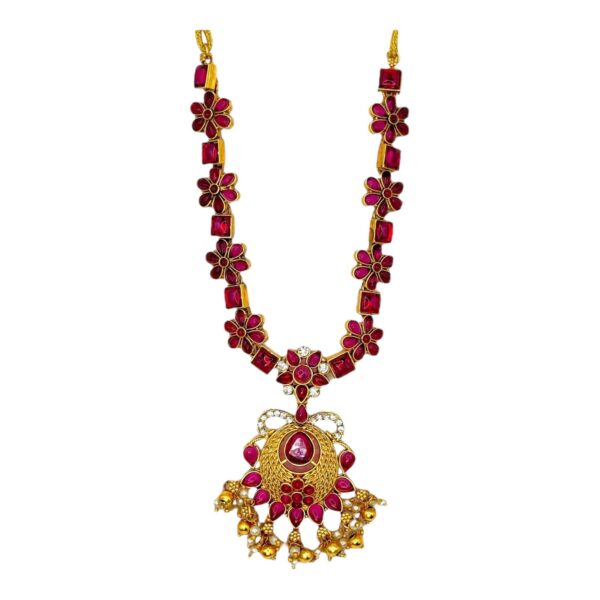 Short Necklace- Ruby Color Stones- Flower Design- Flower Necklace-, Product Code: V-1570