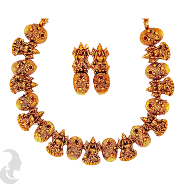 Short Necklace- 9 Lakshmi Design - Ruby Color Stones- Lakshmi Studs, Product Code: V-1121