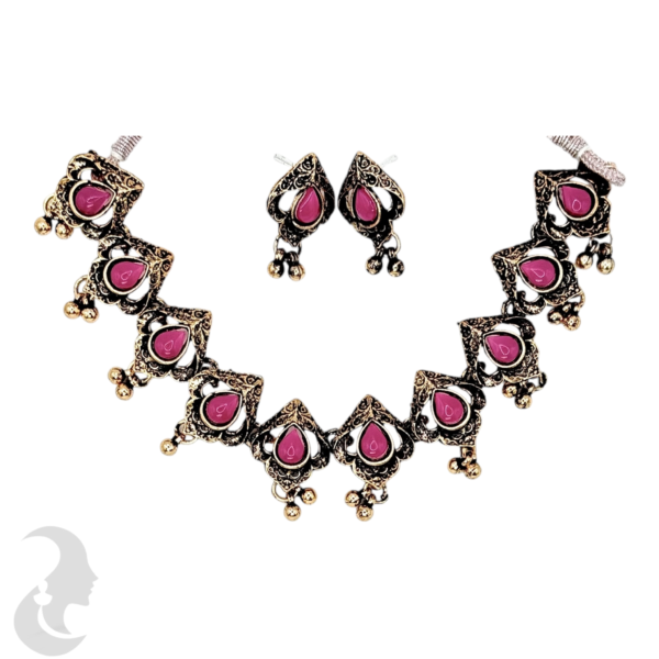 Necklace- Pink Stones- Metal Hangings- Studs, Product Code: V-1125