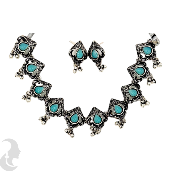 Necklace- Light Blue Stones- Metal Hangings- Studs, Product Code: V-1126