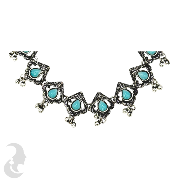 Necklace- Light Blue Stones- Metal Hangings- Studs, Product Code: V-1126 - Image 2