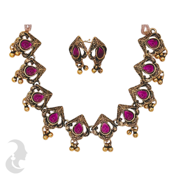 Necklace- Purple Stones- Metal Hangings- Studs, Product Code: V-1127