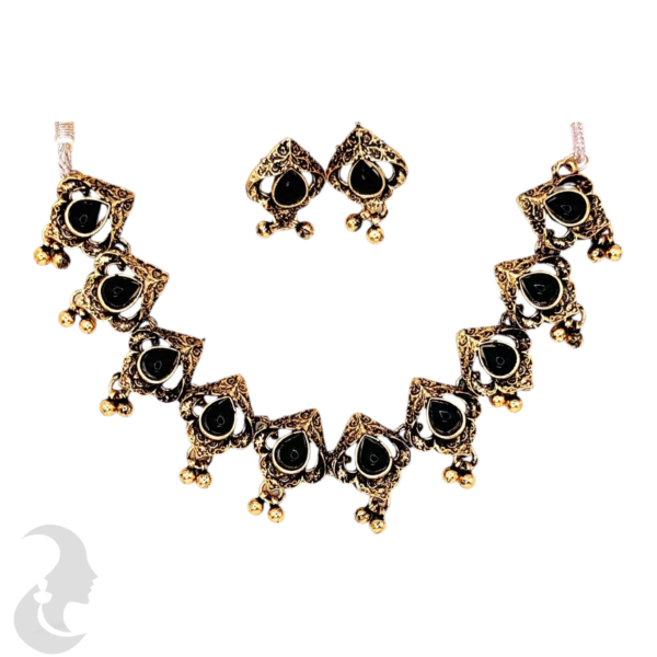 Necklace- Black Stones- Metal Hangings- Studs, Product Code: V-1129