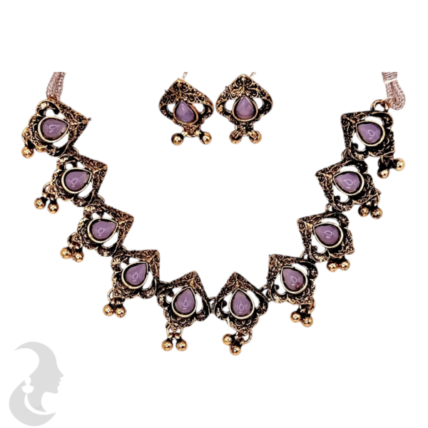 Necklace- Light Purple Stones- Metal Hangings- Studs, Product Code: V-1130