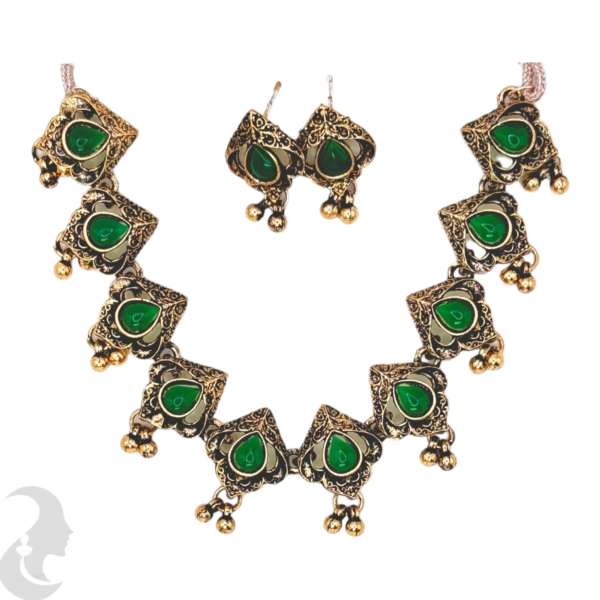 Necklace- Green Color Stones- Metal Hangings-Studs, Product Code: V-1131