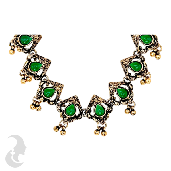 Necklace- Green Color Stones- Metal Hangings-Studs, Product Code: V-1131 - Image 2