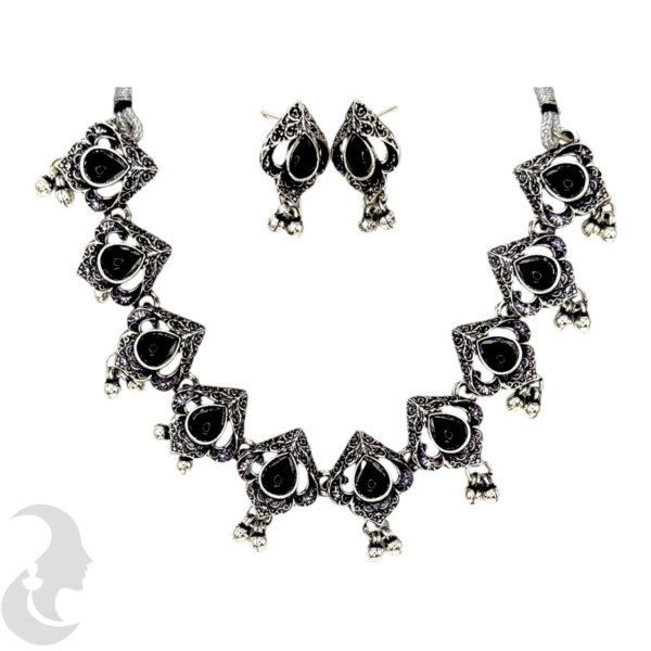 Necklace- Black Stones- Metal Hangings- Studs, Product Code: V-1132