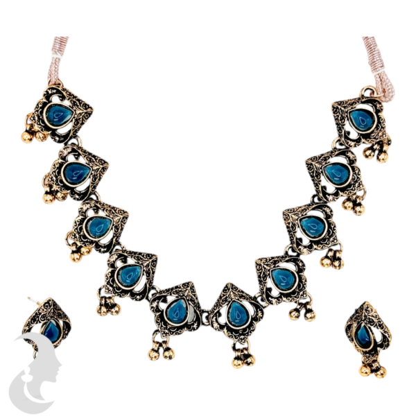 Necklace- Blue Stones- Metal Hangings- Studs, Product Code: V-1133