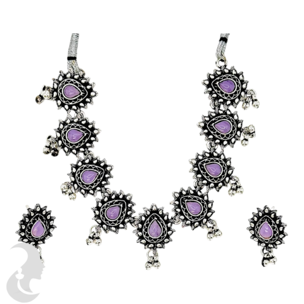 Necklace- Purple Stones- Metal Hangings- Studs, Product Code: V-1135