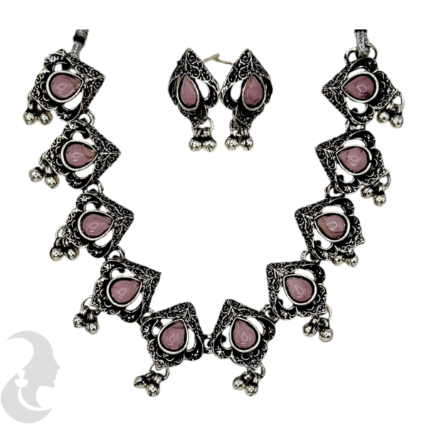 Necklace- Light Purple Stones- Metal Hangings- Studs, Product Code: V-1137