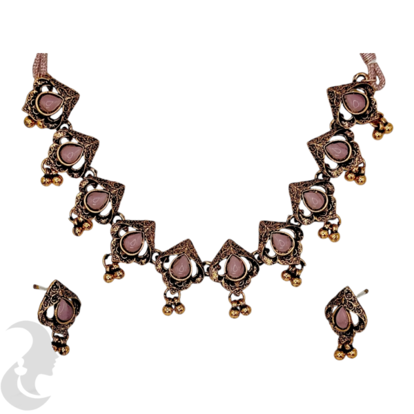 Necklace- Baby Pink Stones- Metal Hangings- Studs, Product Code: V-1138