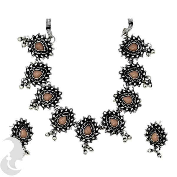 Necklace- Light Yellow Stones- Metal Hangings- Studs, Product Code: V-1139