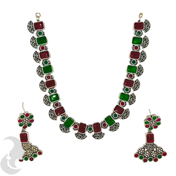 Silver Color- Ruby & Green Color Stones- Unique Design- Studs, Product Code: V-1141