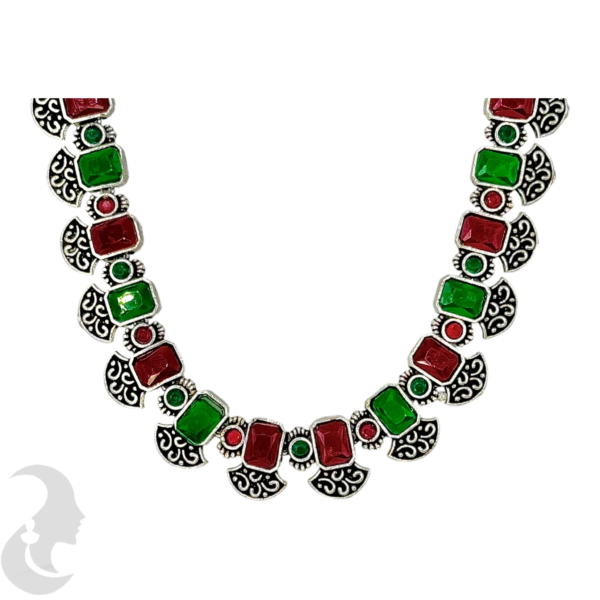 Silver Color- Ruby & Green Color Stones- Unique Design- Studs, Product Code: V-1141 - Image 2