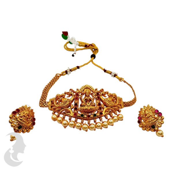 Lakshmi Choker - Green & Ruby Color Stones- Studs, Product Code: V-1018