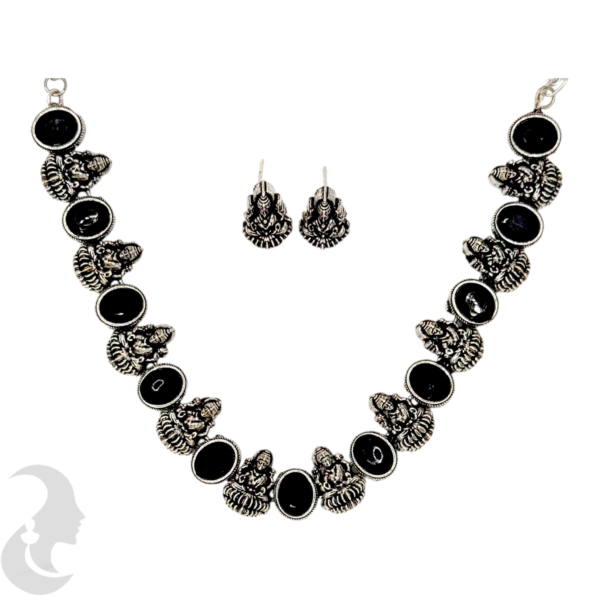 Short Necklace- 10 Lakshmi Design- Black Stones- Lakshmi Studs, Product Code: V-1143