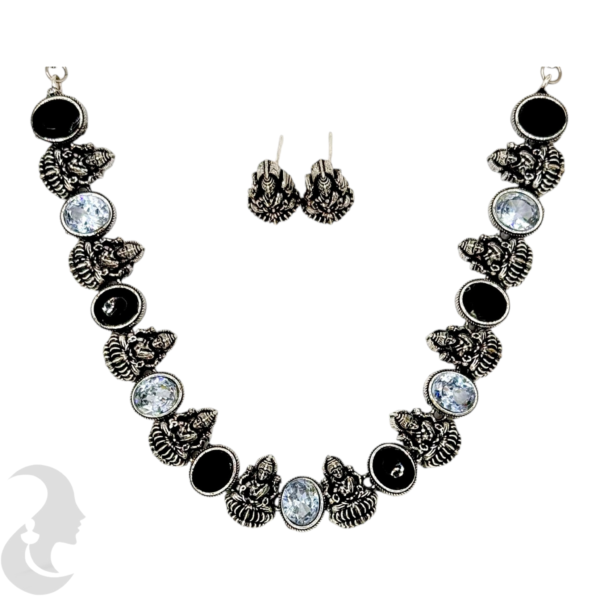 Short Necklace- 10 Lakshmi Design- Black & Plain Stones- Lakshmi Studs, Product Code: V-1144