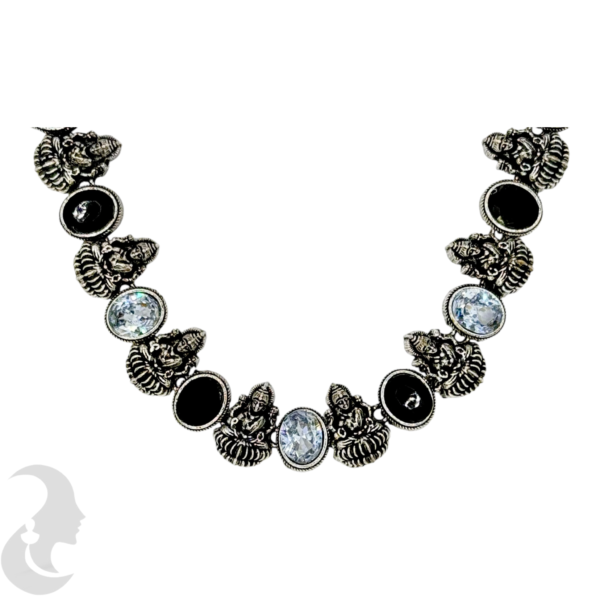 Short Necklace- 10 Lakshmi Design- Black & Plain Stones- Lakshmi Studs, Product Code: V-1144 - Image 2