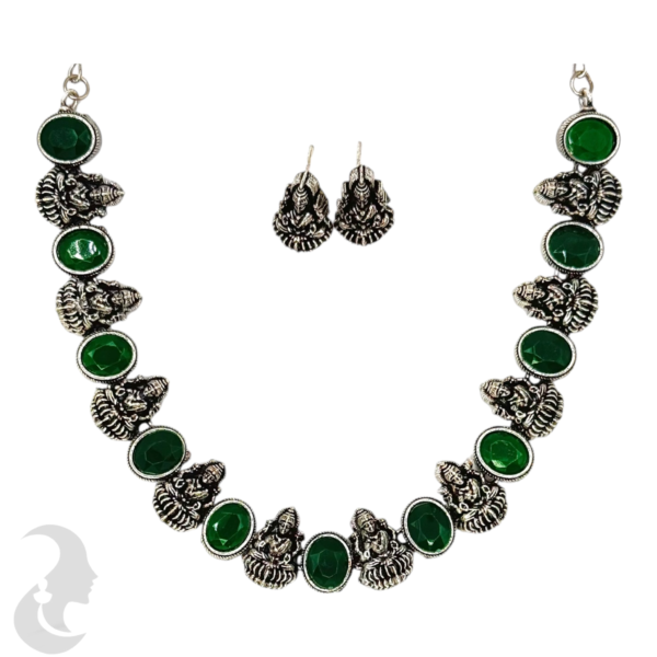 Short Necklace- 10 Lakshmi Design- Green Color Stones- Lakshmi Studs, Product Code: V-1145