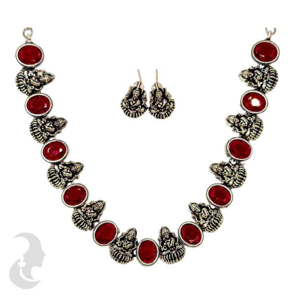 Short Necklace- 10 Lakshmi Design- Ruby Color Stones- Lakshmi Studs, Product Code: V-1146