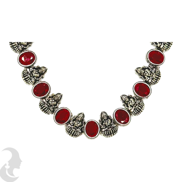 Short Necklace- 10 Lakshmi Design- Ruby Color Stones- Lakshmi Studs, Product Code: V-1146 - Image 2