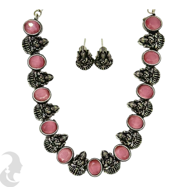 Short Necklace- 10 Lakshmi Design- Light Pink Stones- Lakshmi Studs, Product Code: V-1147