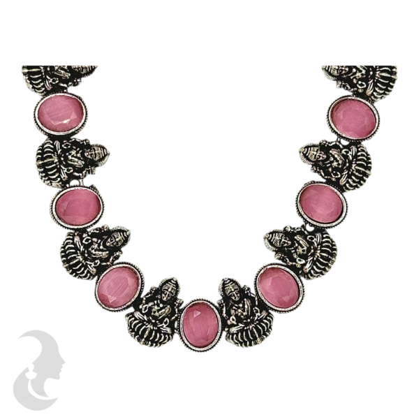 Short Necklace- 10 Lakshmi Design- Light Pink Stones- Lakshmi Studs, Product Code: V-1147 - Image 2