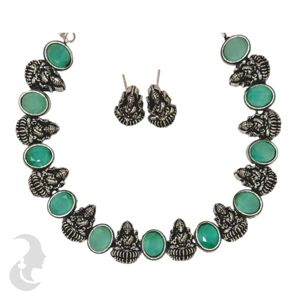 Short Necklace- 10 Lakshmi Design- Mint Stones- Lakshmi Studs, Product Code: V-1148